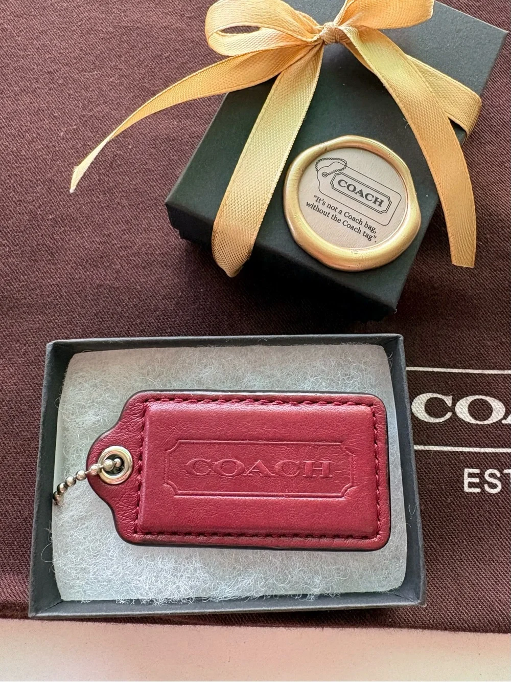 Y2K Large 2.5” Coach Burgundy Oxblood Leather Vintage Hang Tag Bag Charm Key Fob
